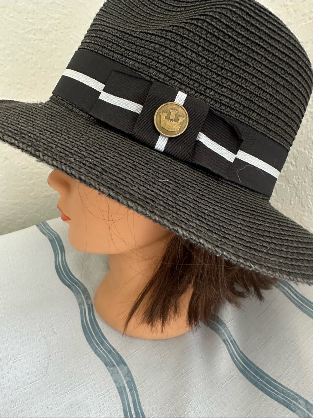 Classic Black Wide-Brim Straw Fedora Hat with Stripe Band